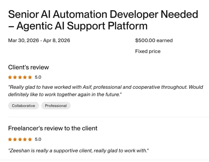 Senior AI Automation Developer — Upwork review screenshot