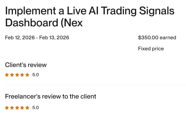 Live AI Trading Signals Dashboard — Upwork review screenshot