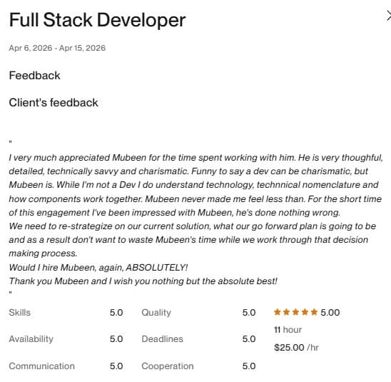 Full Stack Developer — Upwork review screenshot