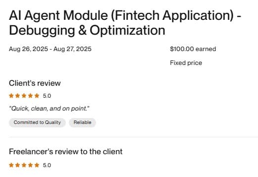 AI Agent Module — Fintech App — Upwork review screenshot