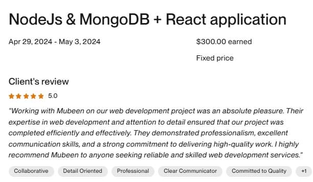 NodeJS & MongoDB + React App — Upwork review screenshot